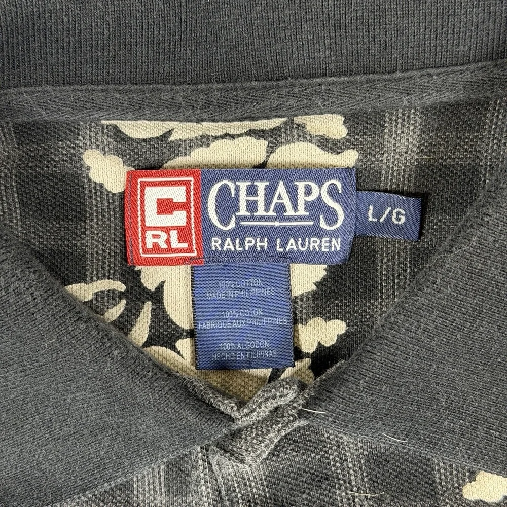 Vintage 90s Chaps Ralph Lauren Polo Shirt Black White Floral Stripes Aloha Retro